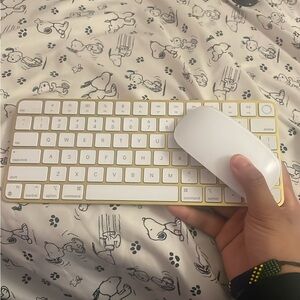 Apple magic wireless keyboard and mouse yellow, takes lightning cable.